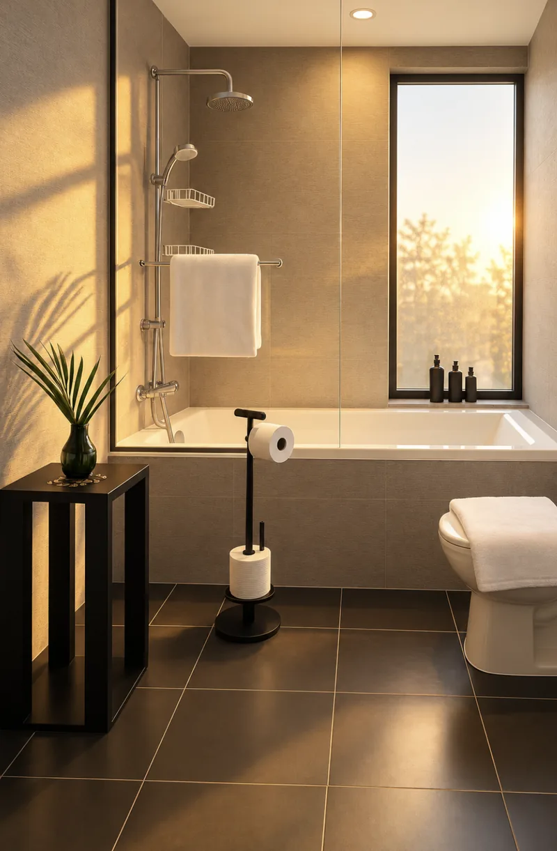 Dunia bathroom with tiled bathtub and shower, dark floor tiles and black side table