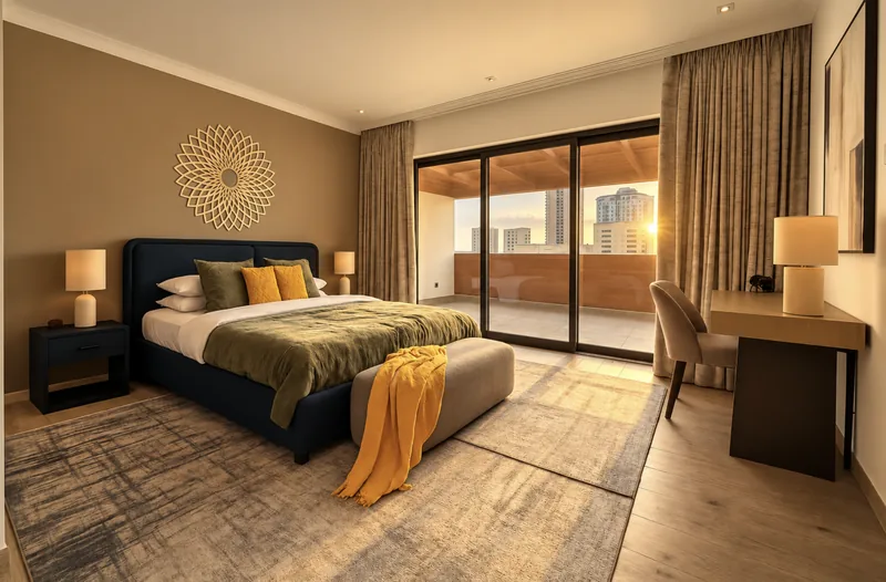 Dunia bedroom with sunburst wall art, navy bed with sage and yellow bedding, desk and sliding doors to a large covered balcony