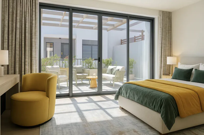 Dunia bedroom with green and mustard bedding, yellow tub chair and folding glass doors onto a terrace with rattan seating
