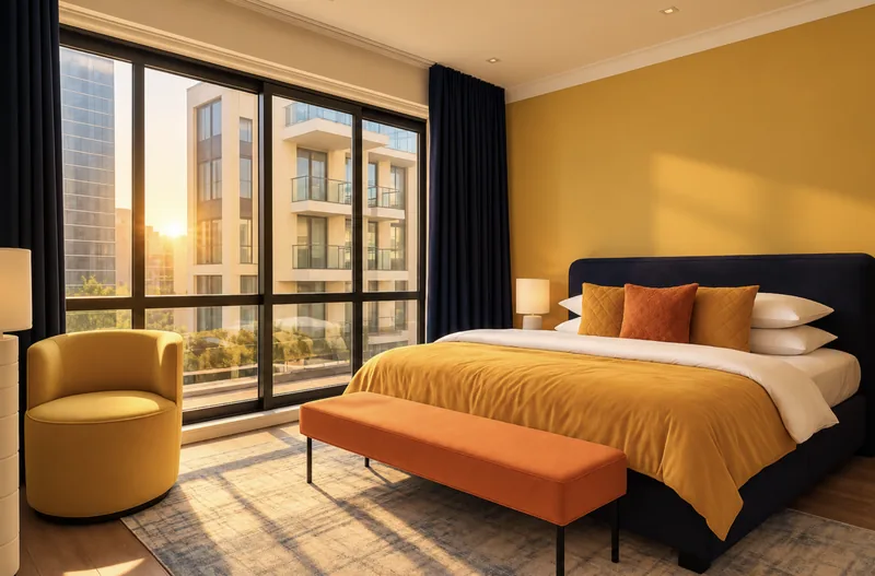 Dunia yellow bedroom with floor-to-ceiling windows, navy curtains, yellow tub chair and orange bench