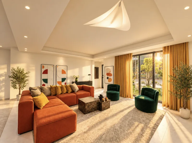Dunia living room with burnt-orange modular sofa, green velvet swivel chairs, marble cube tables and yellow-curtained glass doors to the garden