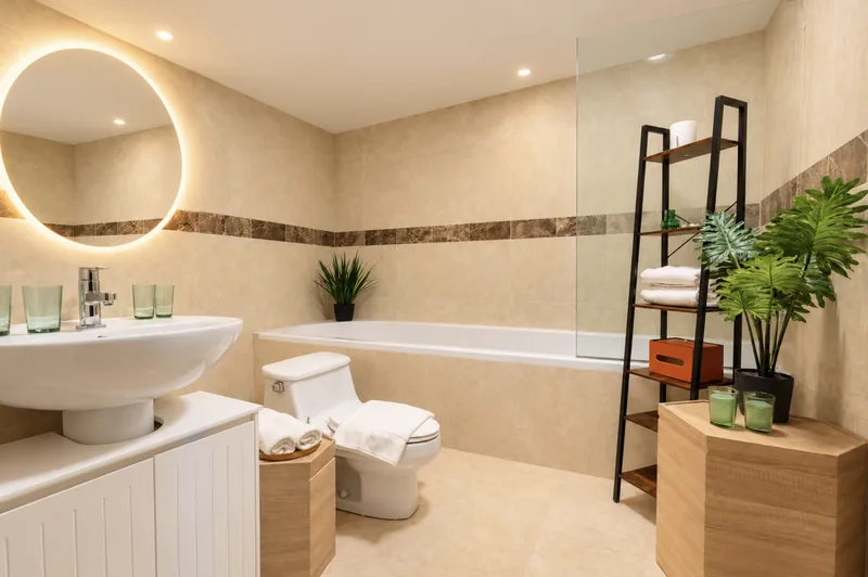 Bathroom with bathtub, illuminated round mirror and shelving with towels and plants
