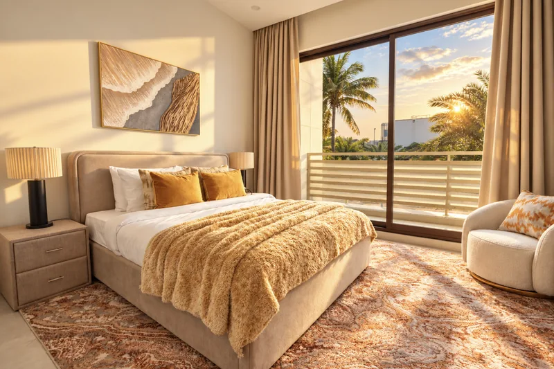 Bedroom with golden faux-fur throw, patterned rug and balcony doors