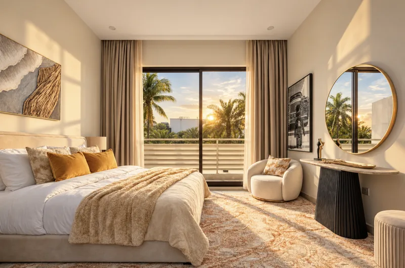 Bedroom with yellow cushions, round mirror and sliding doors to a balcony with palm trees