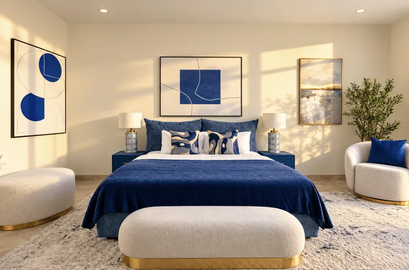 Bedroom with blue velvet bed, upholstered bench and blue abstract artwork