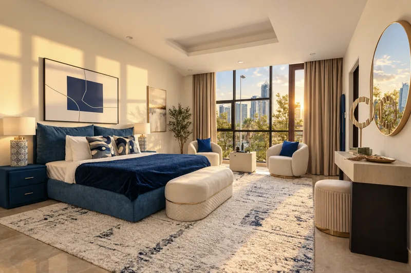 Horizon bedroom with blue velvet bed, round mirror and floor-to-ceiling windows with a city view