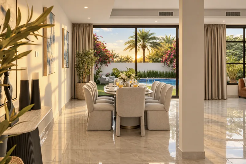 Horizon dining room with grey upholstered chairs and glass doors looking out to the pool