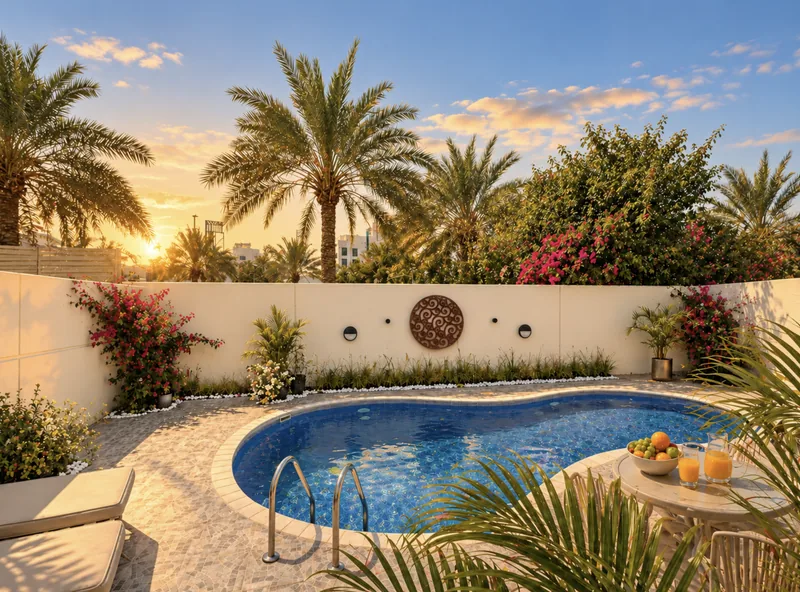 Horizon kidney-shaped pool with palm trees, flowering bougainvillea and a tray of fruit and juice