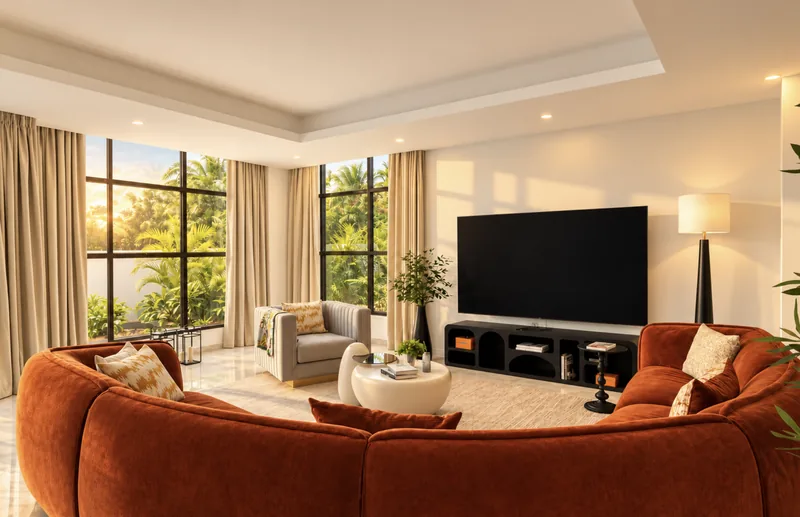 Horizon TV lounge seen from behind the curved rust sofa, with floor-to-ceiling windows