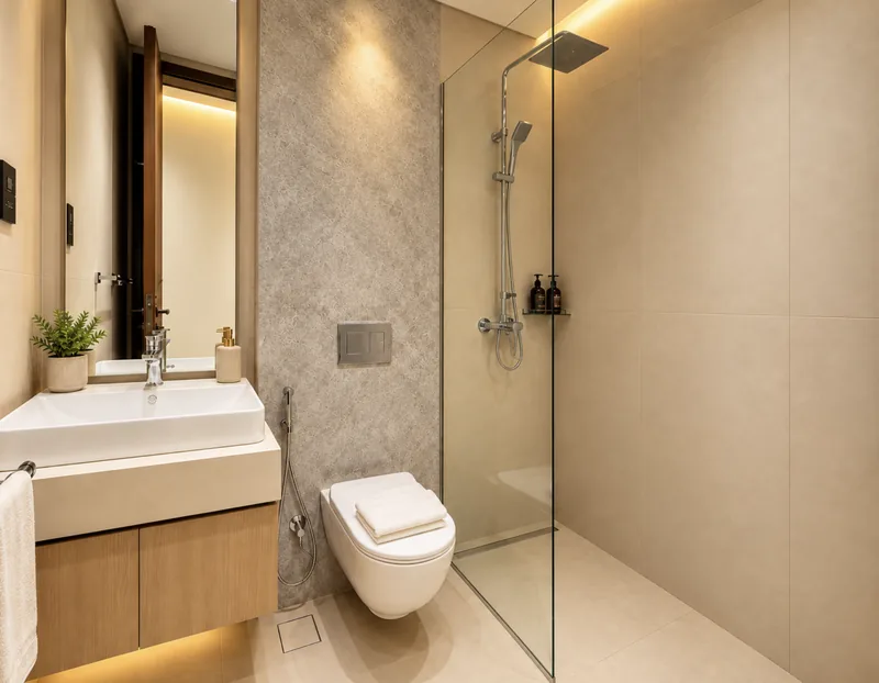 ParkView shower room with glass screen, rain shower, wall-hung WC and oak vanity