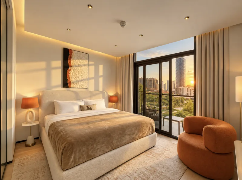 ParkView bedroom with boucle bed, orange lamps and armchair, and glass doors to a balcony overlooking the park