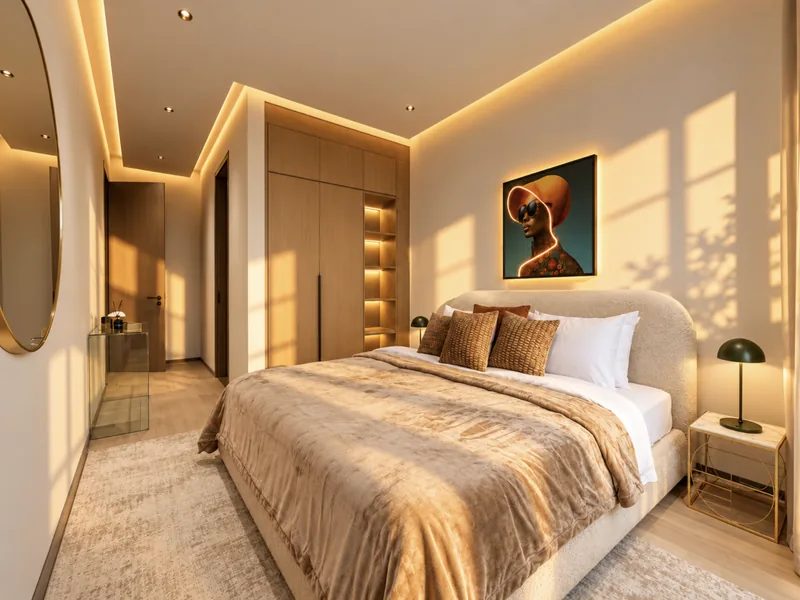 ParkView bedroom with neon-outlined portrait artwork, boucle bed, oak wardrobe and round mirror