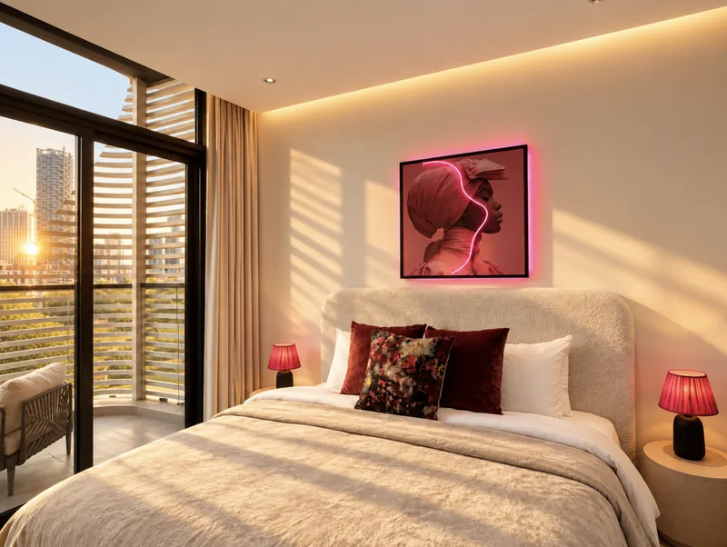 ParkView bedroom with neon-lit portrait artwork, burgundy cushions, pink lamps and balcony with louvred screens