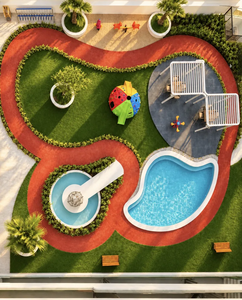 Aerial view of the ParkView community garden with pool, play area, pergolas and running track