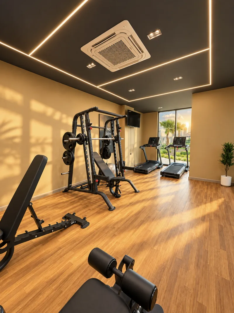 ParkView community gym with squat rack, weights bench and treadmills by a garden window