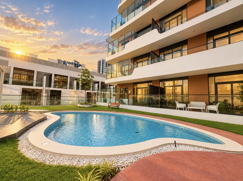 ParkView community kidney-shaped pool and lawn beside the curved residential building
