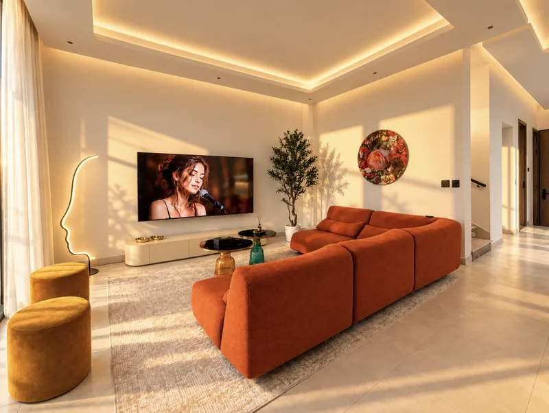 ParkView living room with curved burnt-orange sectional sofa, wall-mounted TV, mustard poufs and floral round artwork