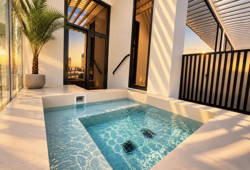 ParkView terrace jacuzzi with jets, potted palm and louvred pergola