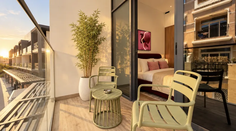 Pearl balcony with sage-green chairs looking into the burgundy bedroom