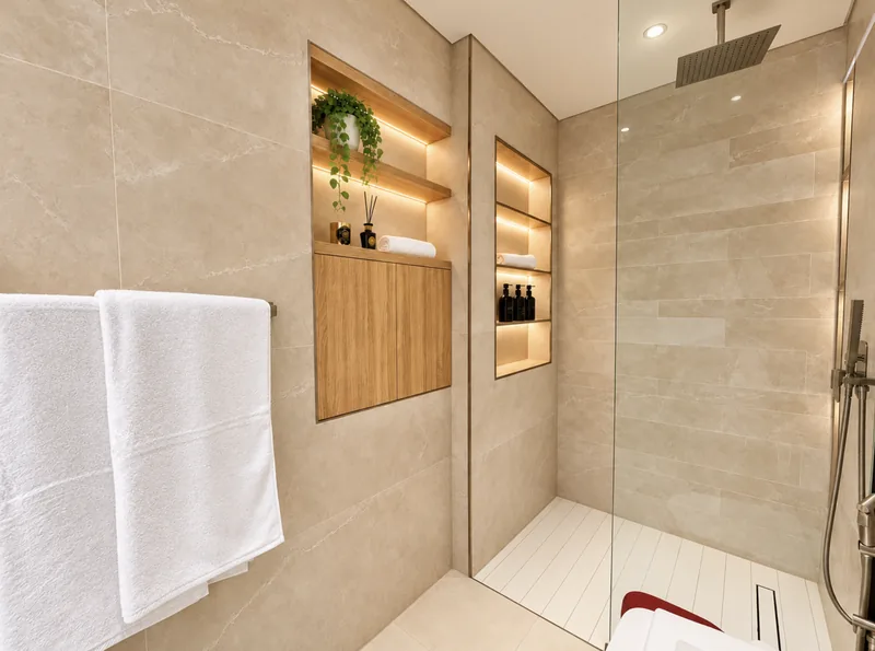 Pearl ensuite with rainfall shower, white slatted flooring and backlit recessed wooden shelves