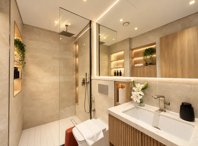 Pearl bathroom with rainfall shower, wall-hung WC, wood-slat vanity and backlit niches