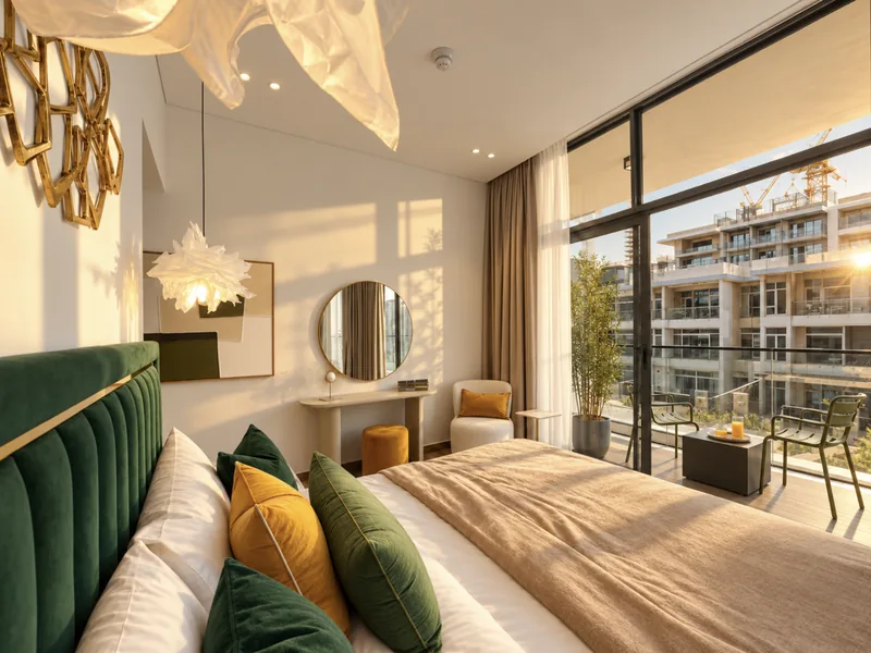 Pearl bedroom with emerald channel-tufted headboard, mustard accents and balcony with green chairs
