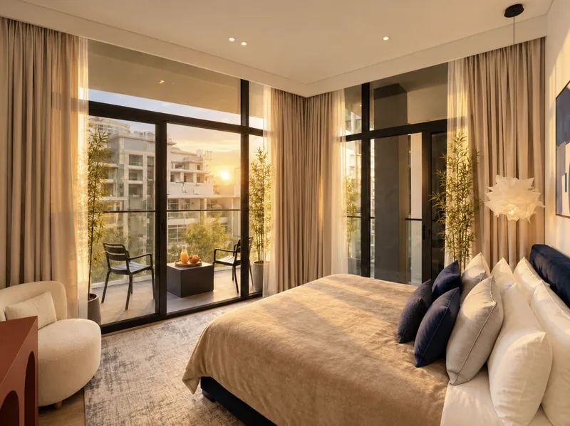Pearl bedroom with navy bed and cream armchair opening onto a balcony with black chairs and city views