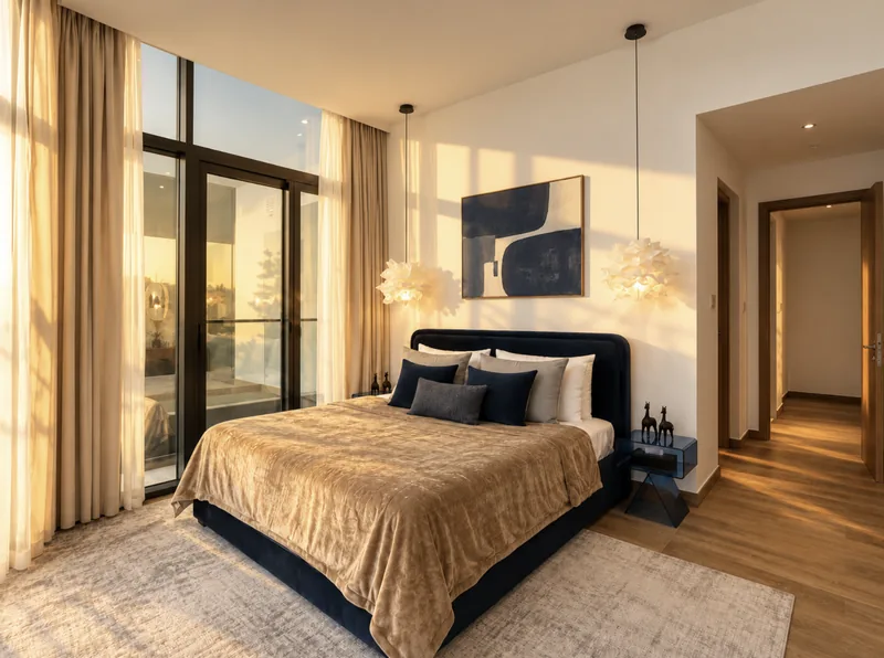Pearl bedroom with navy upholstered bed, beige coverlet, cloud pendant lights and balcony doors