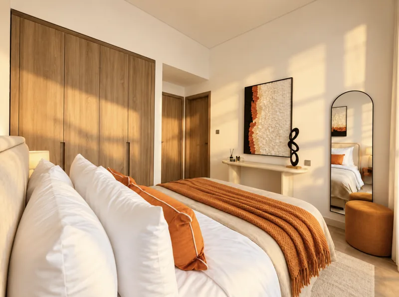 Pearl bedroom with orange cushions and throw, light-oak built-in wardrobes, arched mirror and mustard ottoman