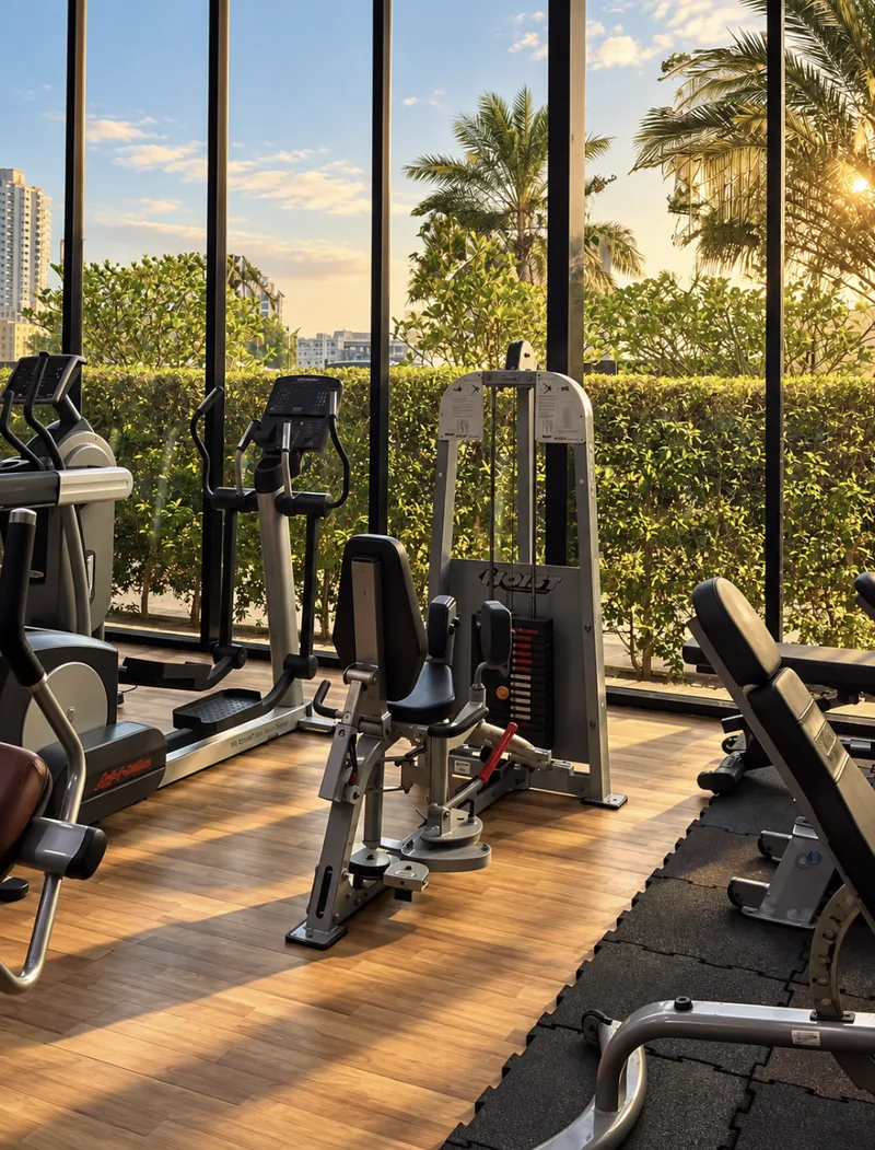 Pearl community gym with cardio and weight machines looking onto garden hedges and palms