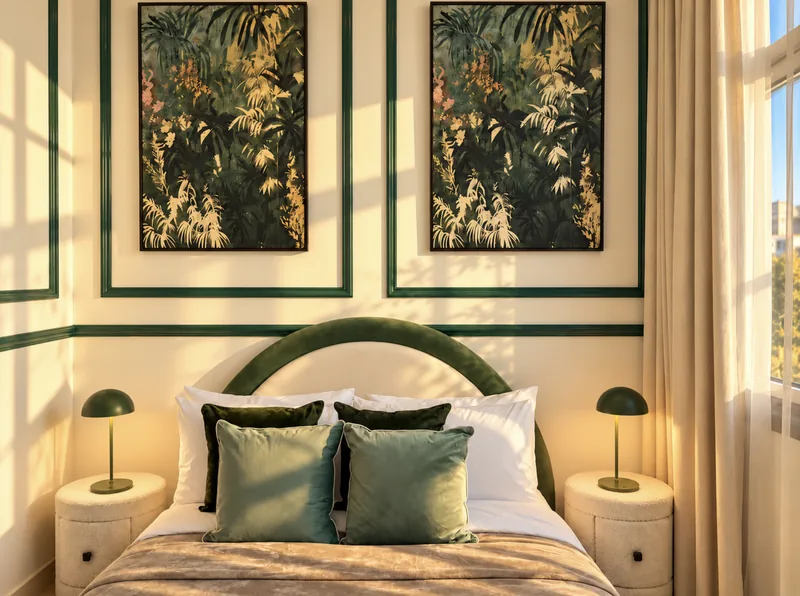 Yasmin bedroom with green arched headboard, teal cushions and botanical artwork