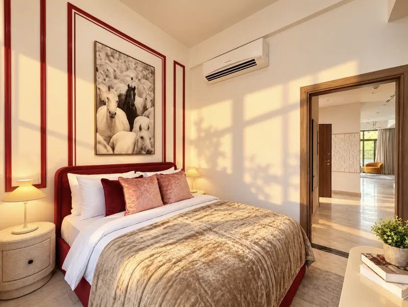 Yasmin bedroom with red trim, horse artwork and air conditioning