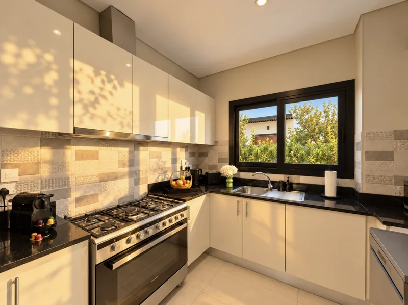 Yasmin kitchen with white cabinets, gas range and window