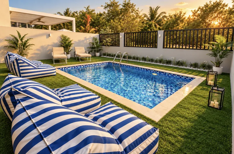 Yasmin private pool at sunset with lawn and blue-and-white striped bean bags