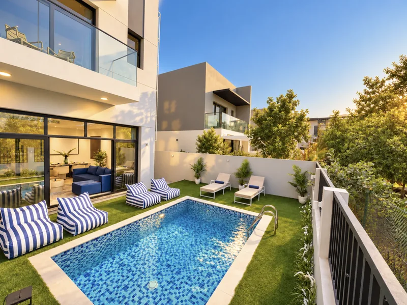 Yasmin pool and garden seen from above, with sun loungers and bean bags