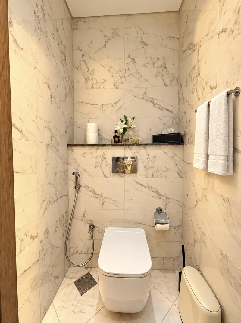 Yasmin marble-tiled WC with towels