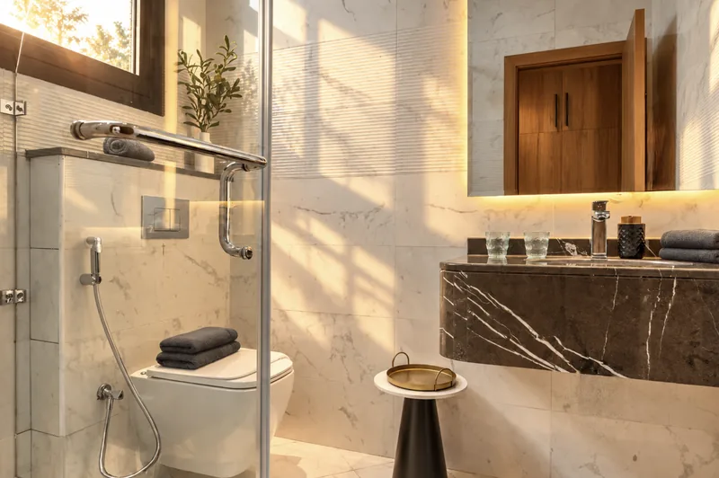 Zephyr bathroom with marble walls, glass shower, wall-hung WC and black marble vanity