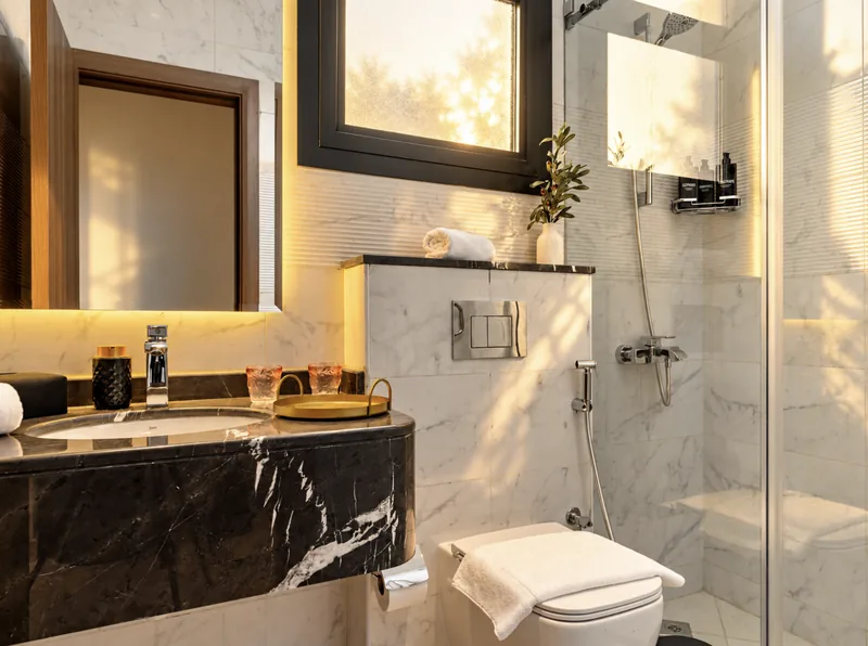 Zephyr bathroom with marble vanity, window and walk-in shower