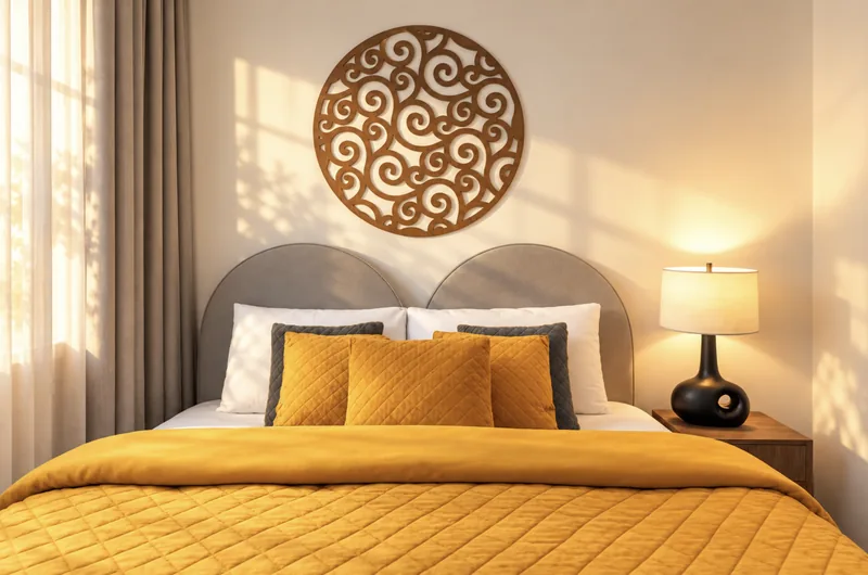Zephyr bedroom with grey headboard, mustard bedspread and carved wooden wall art