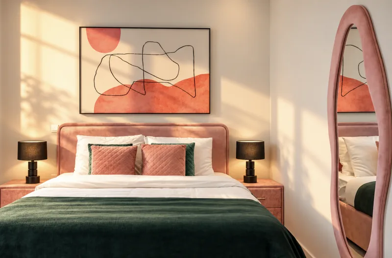 Zephyr bedroom with pink headboard, green bedspread, abstract artwork and a pink arched mirror