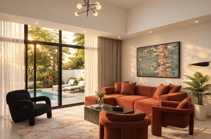 Zephyr living room with rust sectional sofa and armchairs, black accent chair and glass doors to the pool