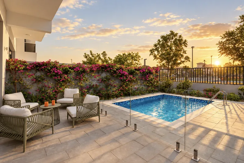Zephyr private pool and stone terrace at sunset, with lounge chairs, glass fence and bougainvillea